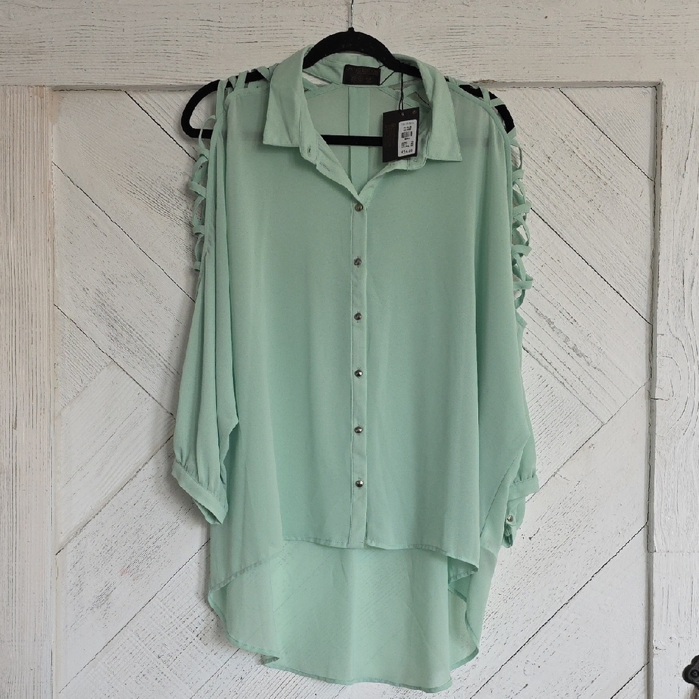 Primark Light Green Blouse with Cut-Out Sleeves